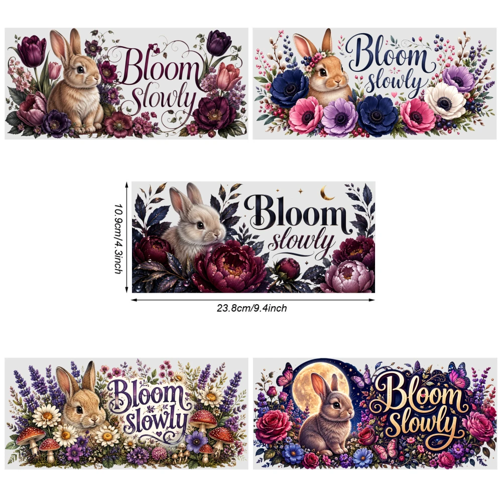 5 Sheets Bloom Slowly Rabbit Floral UV DTF Stickers Transfer Sticker Decal Suitable for 16 oz Glass Waterproof Rub on Transfers