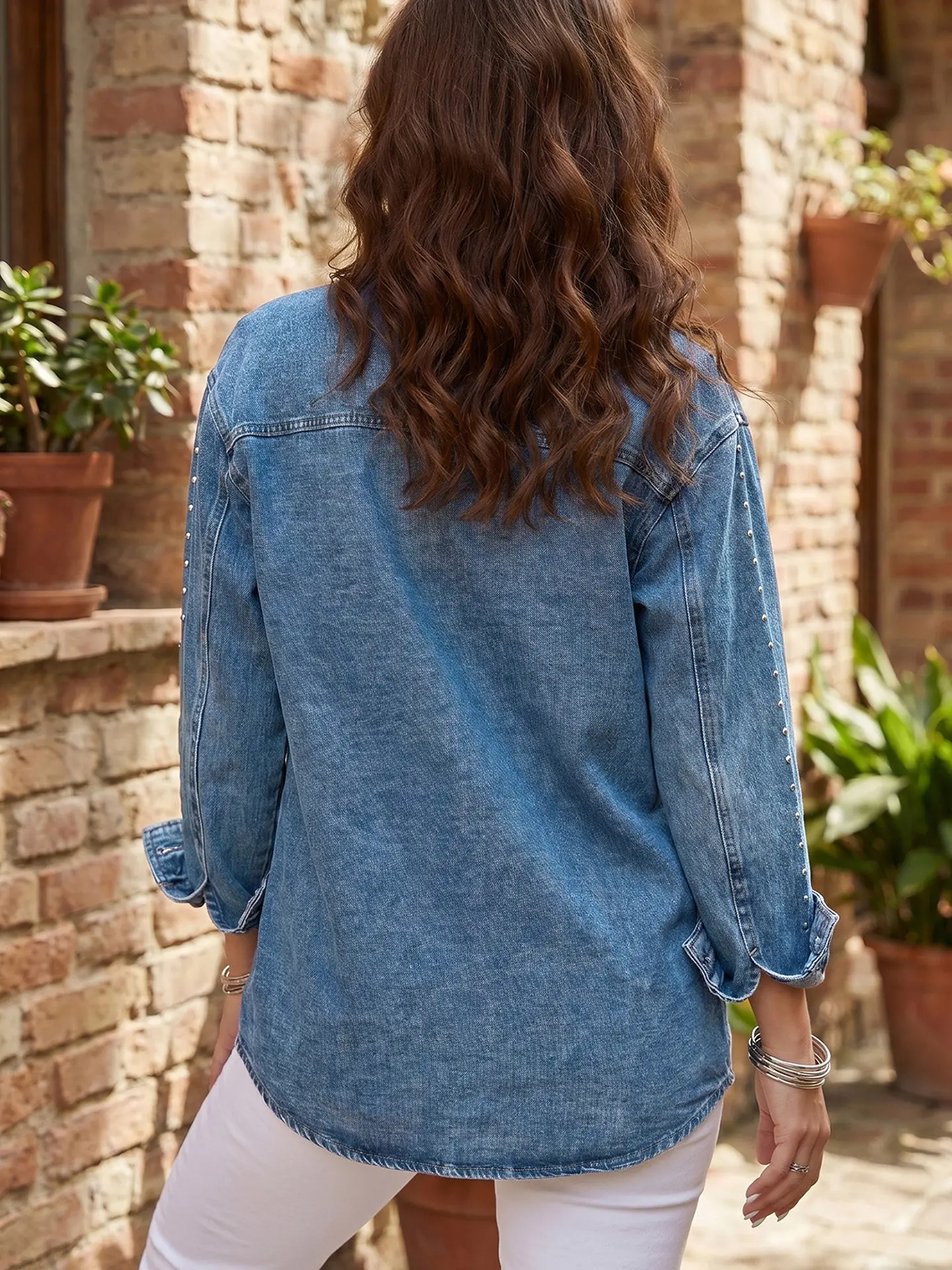 DearLover Rivet Design Denim Jacket Women's Shirt Style Outerwear Cotton Blend Long Sleeve Vintage Loose Fit Button up
