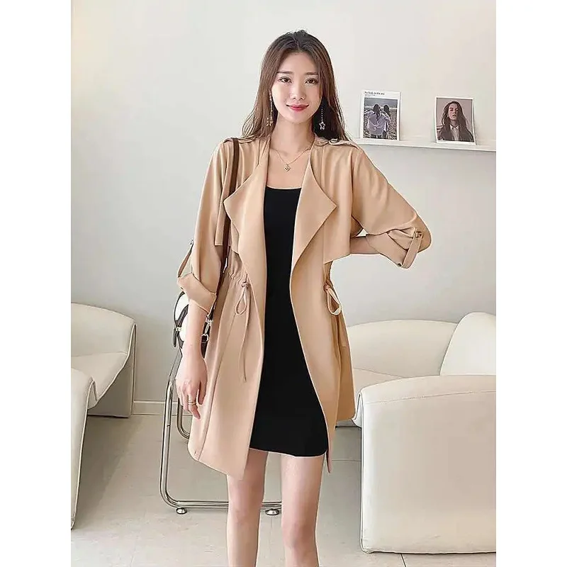 

Новый женский однотонный тренчкот: весенне-осенняя повседневная ветровка с рукавом три четверти, верхняя одежда для женщин