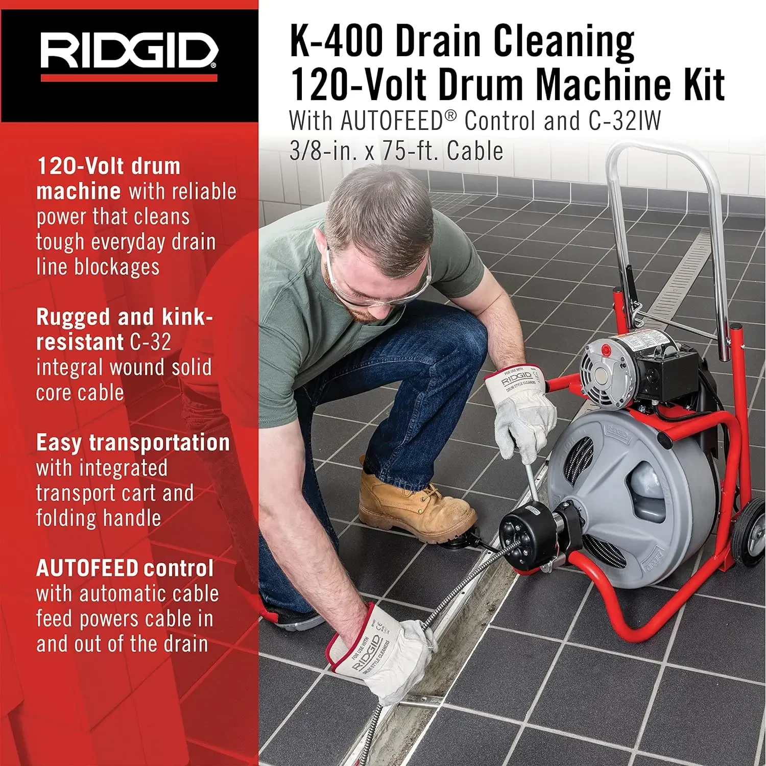 K-400 Drain Cleaning 115-Volt Drum Machine Kit with AUTOFEED Control and C-32IW 3/8