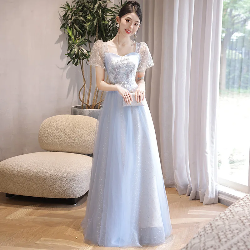 

Elegant Blue Evening Dresses With Princess Puff Sleeve New Floor-length A Line Tulle Prom Dress Sweet Lace Applique Vestidos