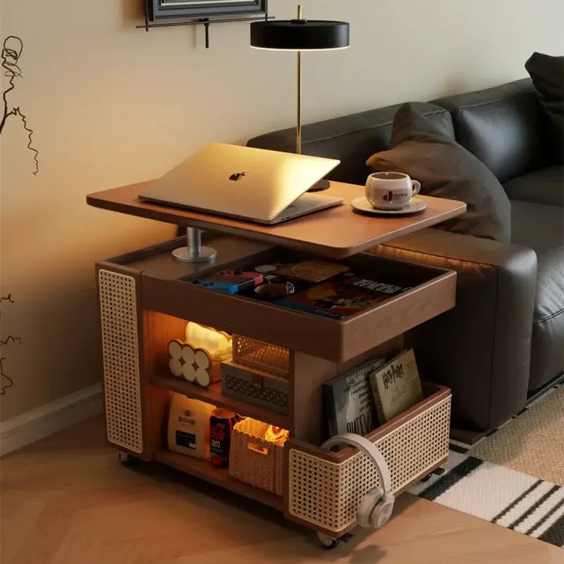 Solid wood lifting coffee table household small apartment sofa side cabinet mobile living room trolley rotating