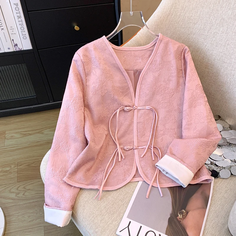 

Новый китайский женский костюм Sle ort Pink Jaet, осень 2024, новый высококачественный костюм Тан, маленькое пальто на пуговицах с топом