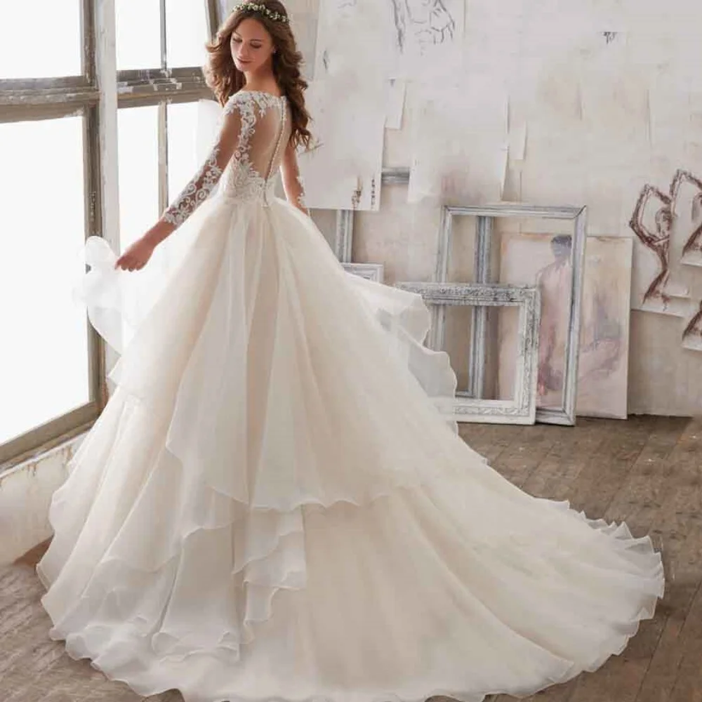 Personalizado uma linha vestidos de casamento tule elegante botão vestido de noiva renda applique vestidos tribunal trem vestidos de novia