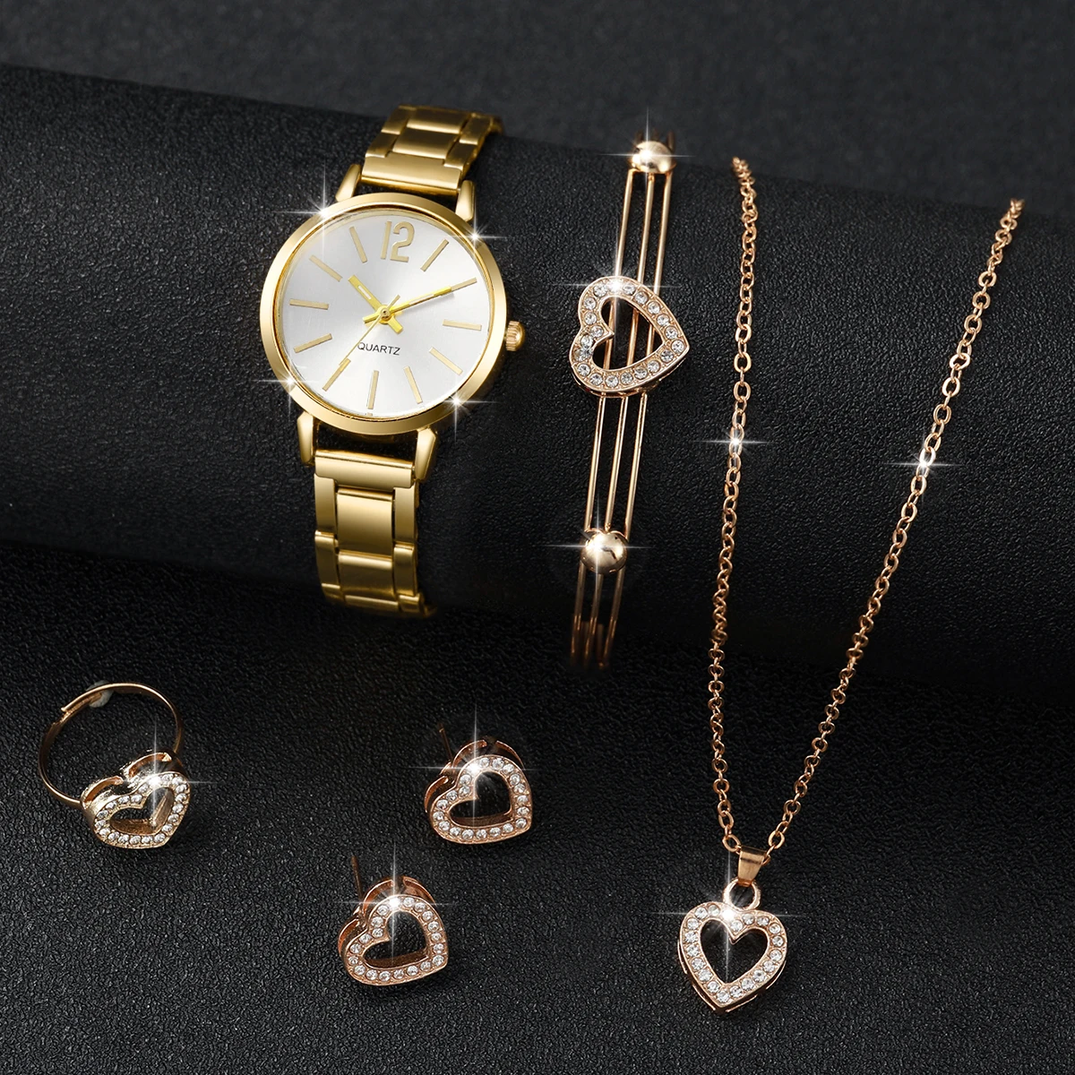 6PCS Fashion Women\'s Watch Gold Steel Band Analog Quartz Watches Heart Jewelry Set（Without Box）