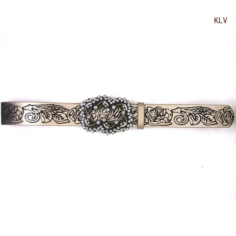 

Womens Premium PU Leather Belt with Floral Embossed Finish & Rhinestones Buckle Waist Belt for Jeans Dress 6XDA