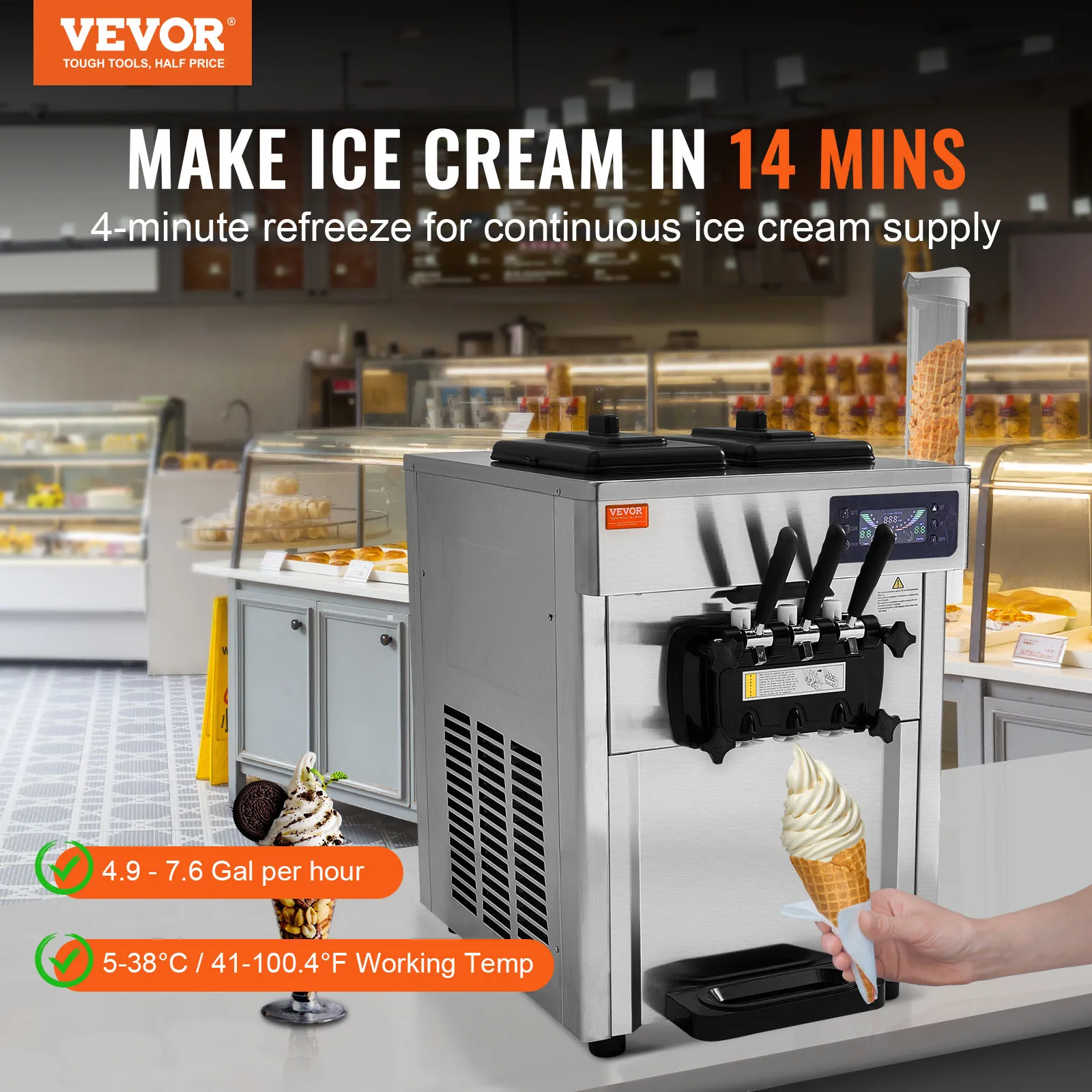 VEVOR Commercial Ice Cream Machine, 18-28 L/H Yield, 1850W 3-Flavor Countertop Soft Serve Ice Cream Maker,Auto Clean Pre-cooling