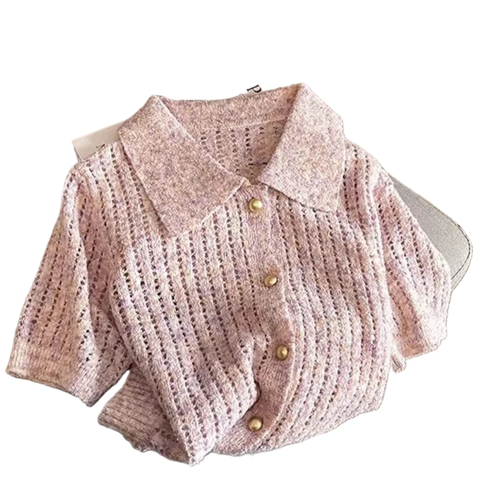 

Knitted Short Sleeved T-shirt Sweater Women 2025 Summer New Hollow Turndown Collar Top Korean Slim Single Breasted Coat