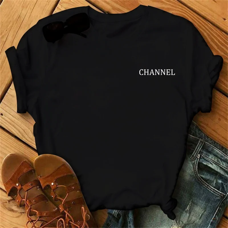 Locker sitzendes Sommer-T-Shirt-Oberteil aus 100 % reiner Baumwolle mit KANAL-Buchstabendruck, lässig tailliert, Rundhals-Kurzarm-T-Shirt-Oberteil