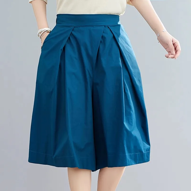 

Oversized Wide Leg Pants Women 2023 New Summer Elastic High Waist Half Pants Cotton Knee-Length Female Straight Trousers