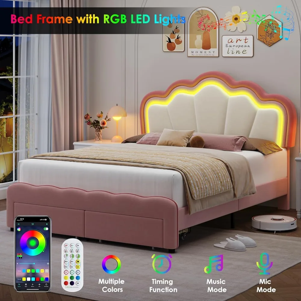 HOSTACK-Marco de cama LED completamente tapizado con cajones de almacenamiento, cama bonita para niñas con cabecero de loto ajustable, terciopelo de princesa