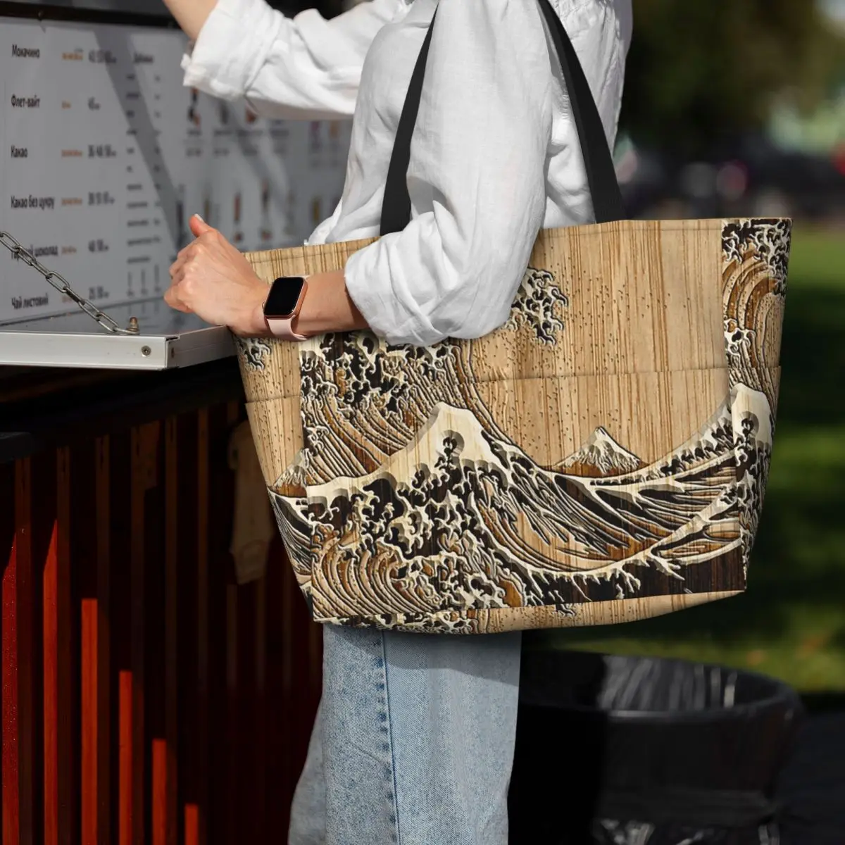 The Great Hokusai Wave In Bamboo Inlay Style Beach Tote Bag Sport Gym Yoga Duffle Large Tote Bag Women Travel Bag Fitness bag