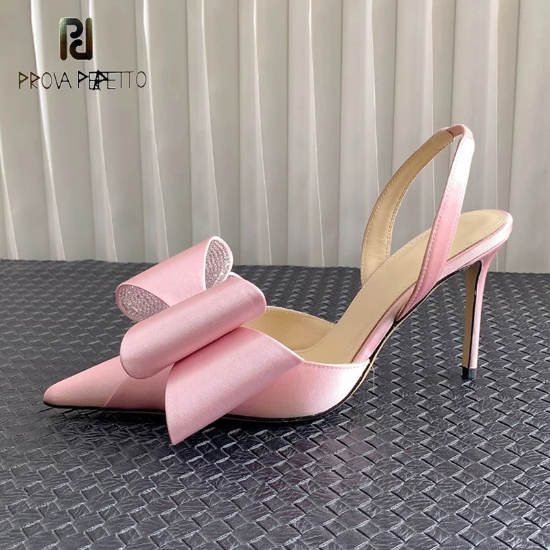 

Big Crystal Bowtie Pointed Toe Women Summer Sandal Shoe Slingback Satin Real Leather Thin Heel Runway T-show Sapatos Mujer