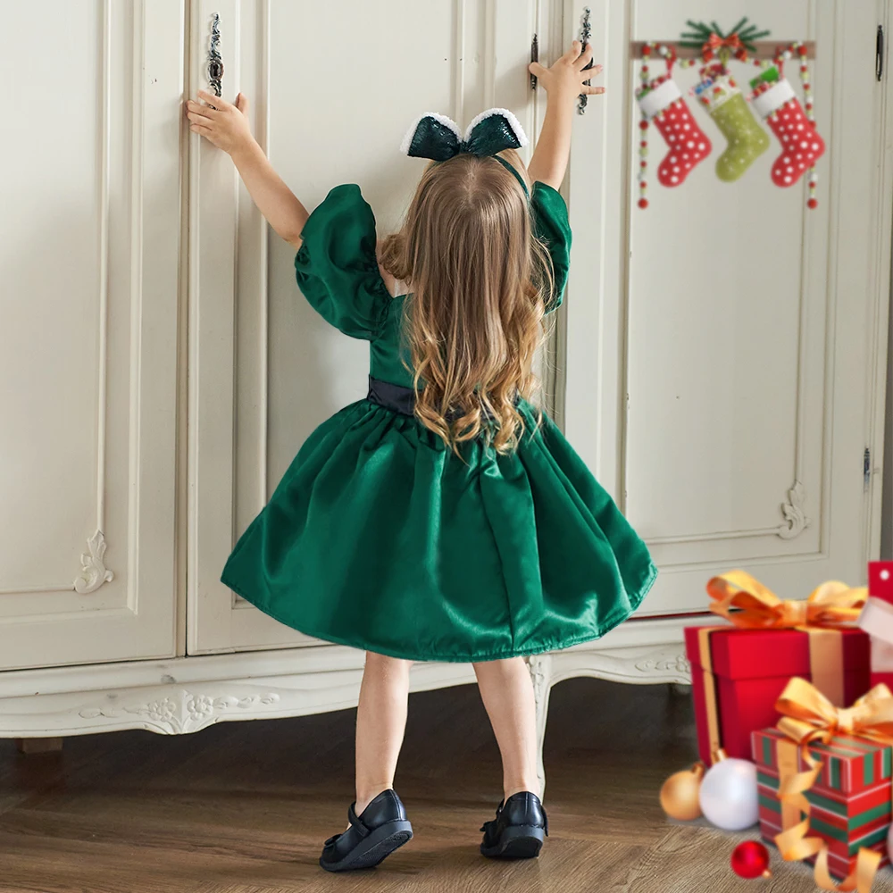 Baby Christmas Dress For Girls Toddler 1 Year Birthday Wedding Party Dresses Lantern Sleeve Girl Princess Green Xmas Costumes