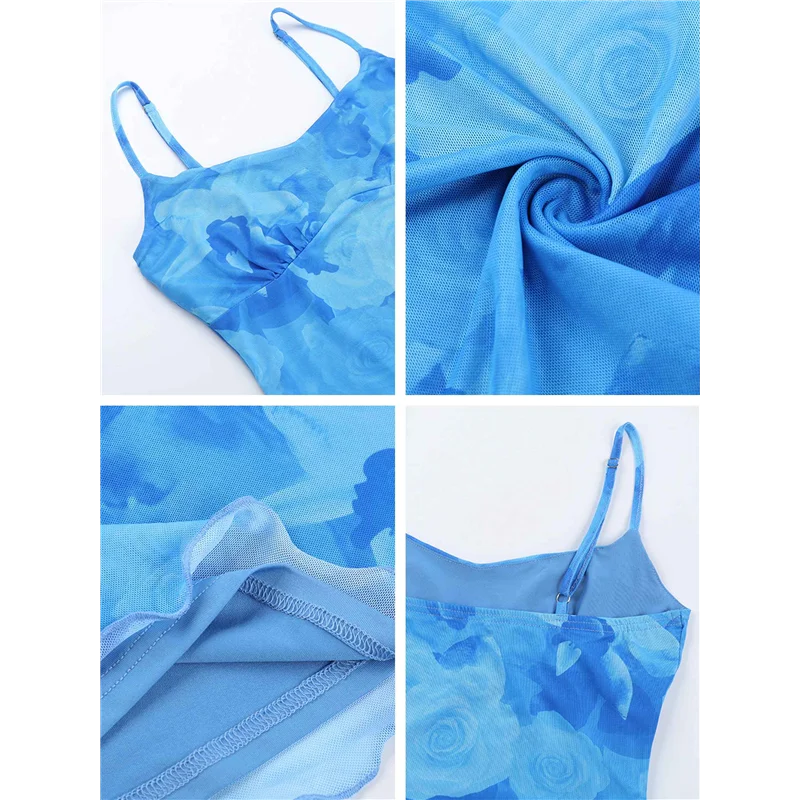 【SEE】ผู้หญิงสายสปาเก็ตตี้ลายดอกไม้ตาข่ายBodyconมินิเดรสสลิมฟิตแขนกุดBackless SHEER PARTYสั้น