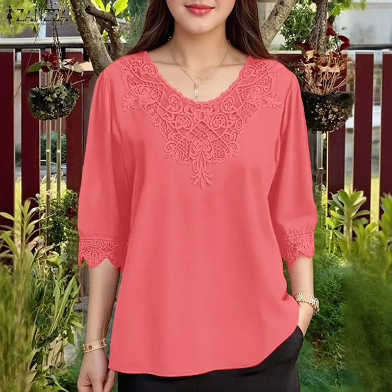 2025 ZANZEA Summer Women Tops Elegant Office Work Shirt Stylish V Neck Lace Patchwork Blouse Casual Half Sleeve Blusas Oversize