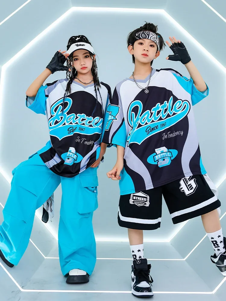 夏子供ルーズブルー Tシャツパンツ黒ショーツ男の子ヒップホップ衣装モダンジャズダンス衣装女の子 Kpop パフォーマンス着用