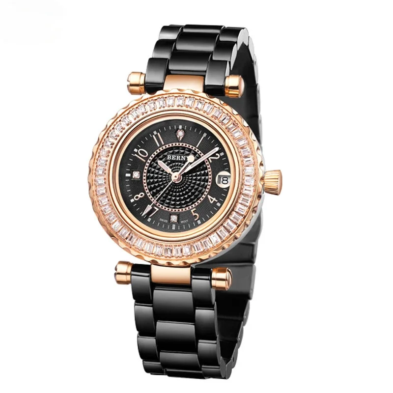 

BERNY Quartz Women Wristwatch Black Ceramics Ladies Watch Ceramics Bands With 48 Zircon Inlaid Waterproof High Accuracy Watches
