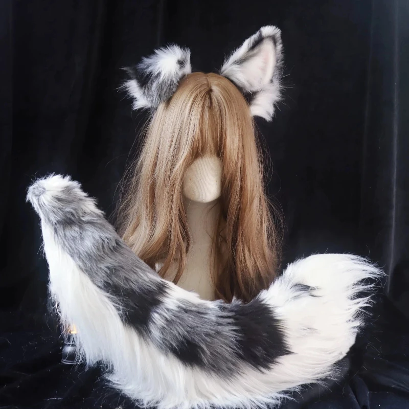 

Custom Hand Made anime Cosplay Prop beast Dog Border Collie Ears Hairhoop Heagwear Tail Gray Black White for Anime Lolita Prop