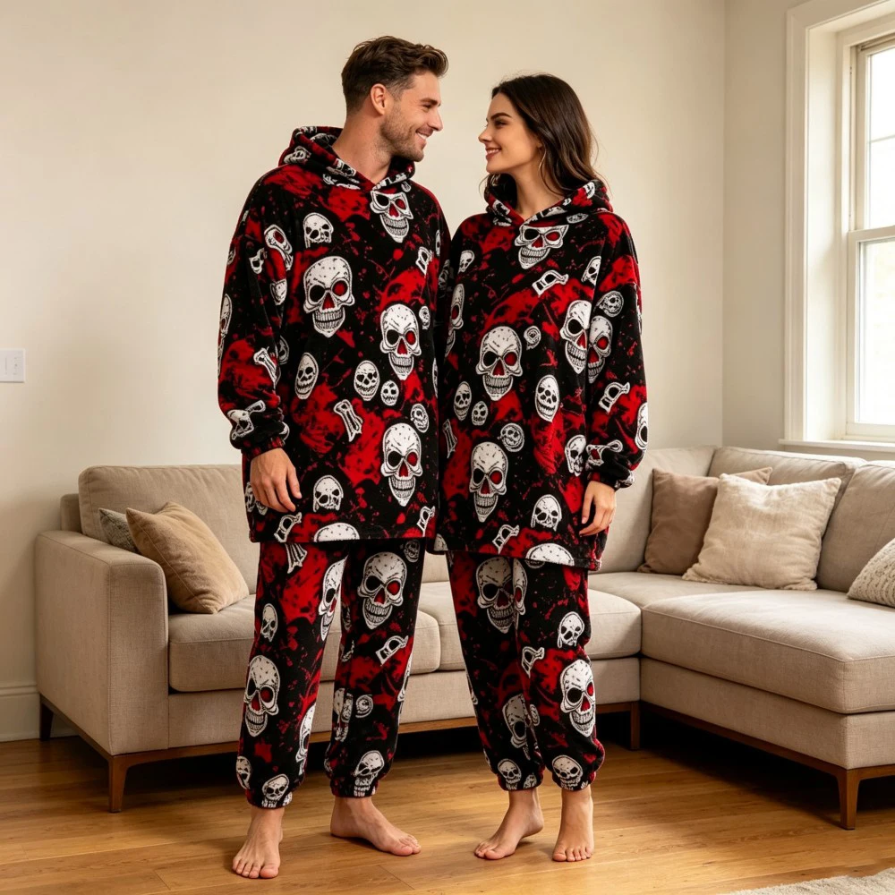Winter Flannel Couple Loungewear,Oversized Hooded Sleepwear Set, Halloween skull Pumpkin Ghost Cartoon Print Matching Pajamas