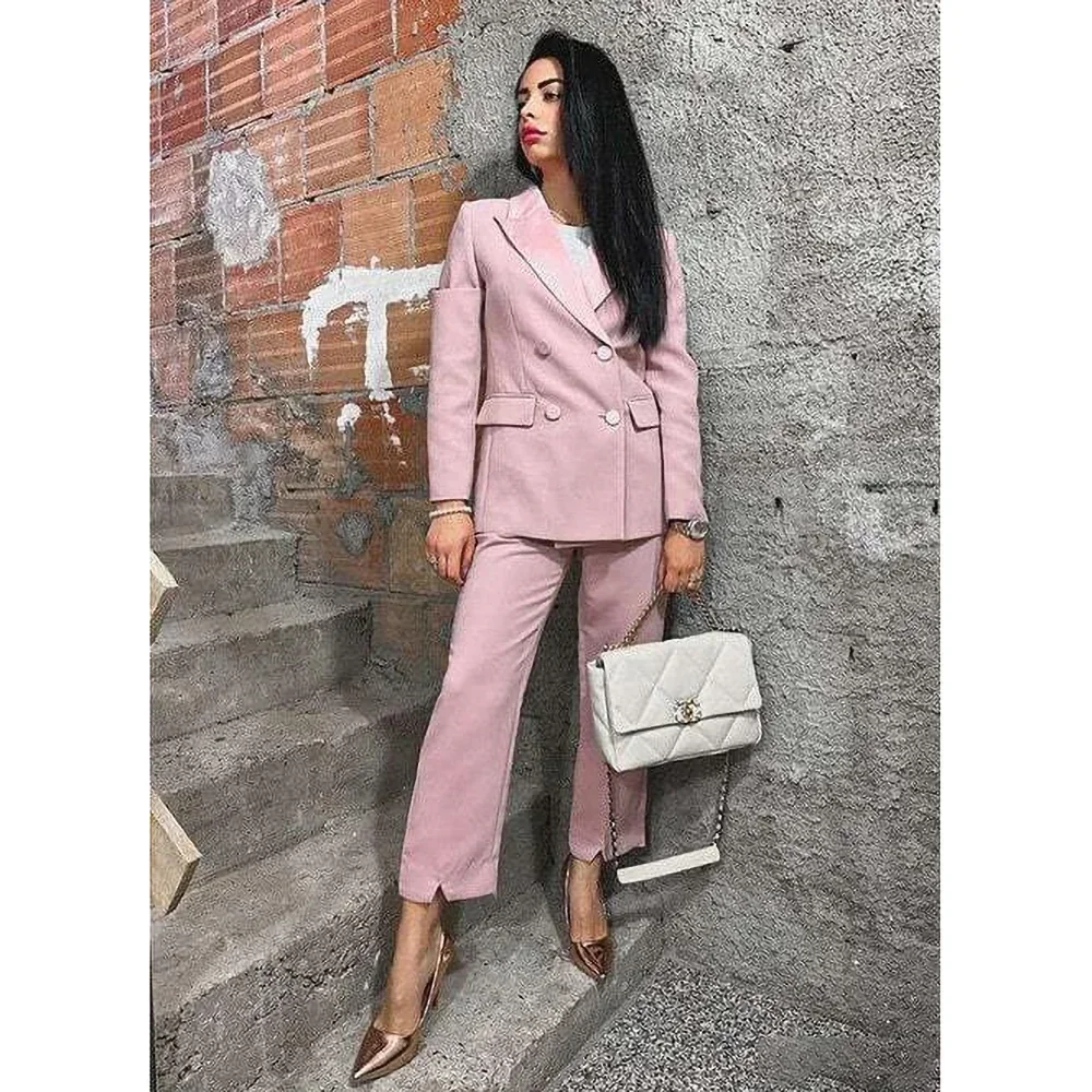 

Elegant Pink Double Breasted Women Suits 2 Piece Peak Lapel Formal Casual Prom Party Pants Sets Blazer with Pants