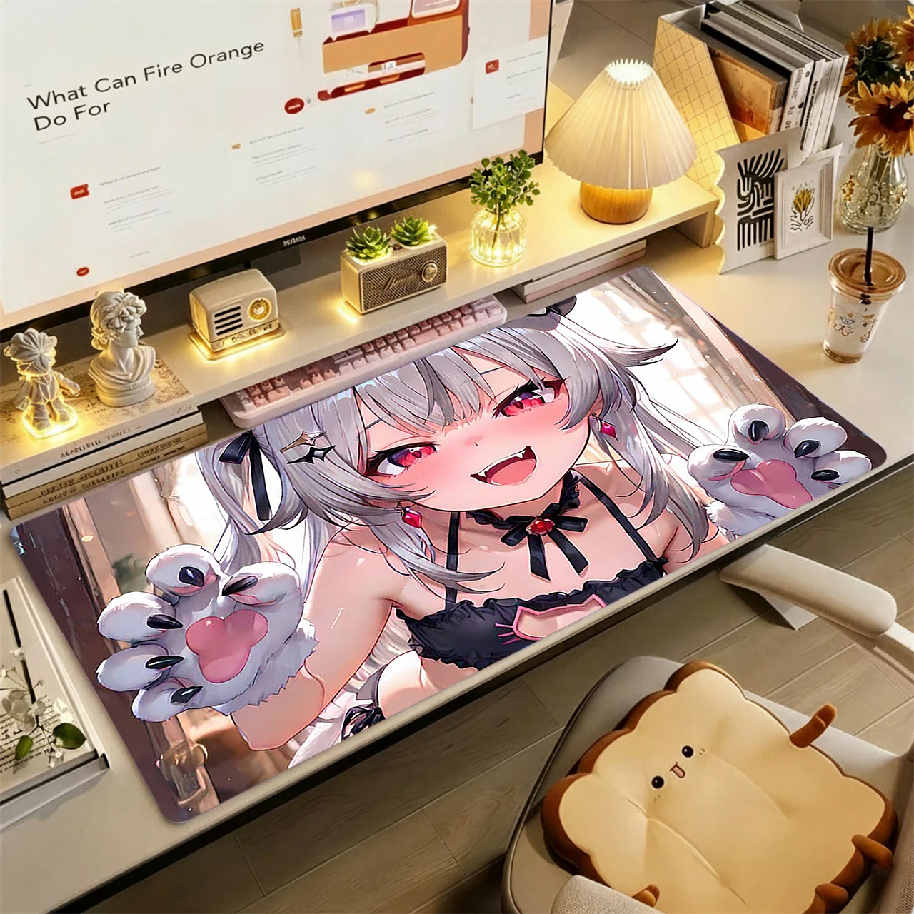 Large Gaming Mouse Pad,Anti-slip Base, Stitched Edges, Grey Hair Neko Girl with Paw Gloves Print, Smooth for Office & Gaming Use