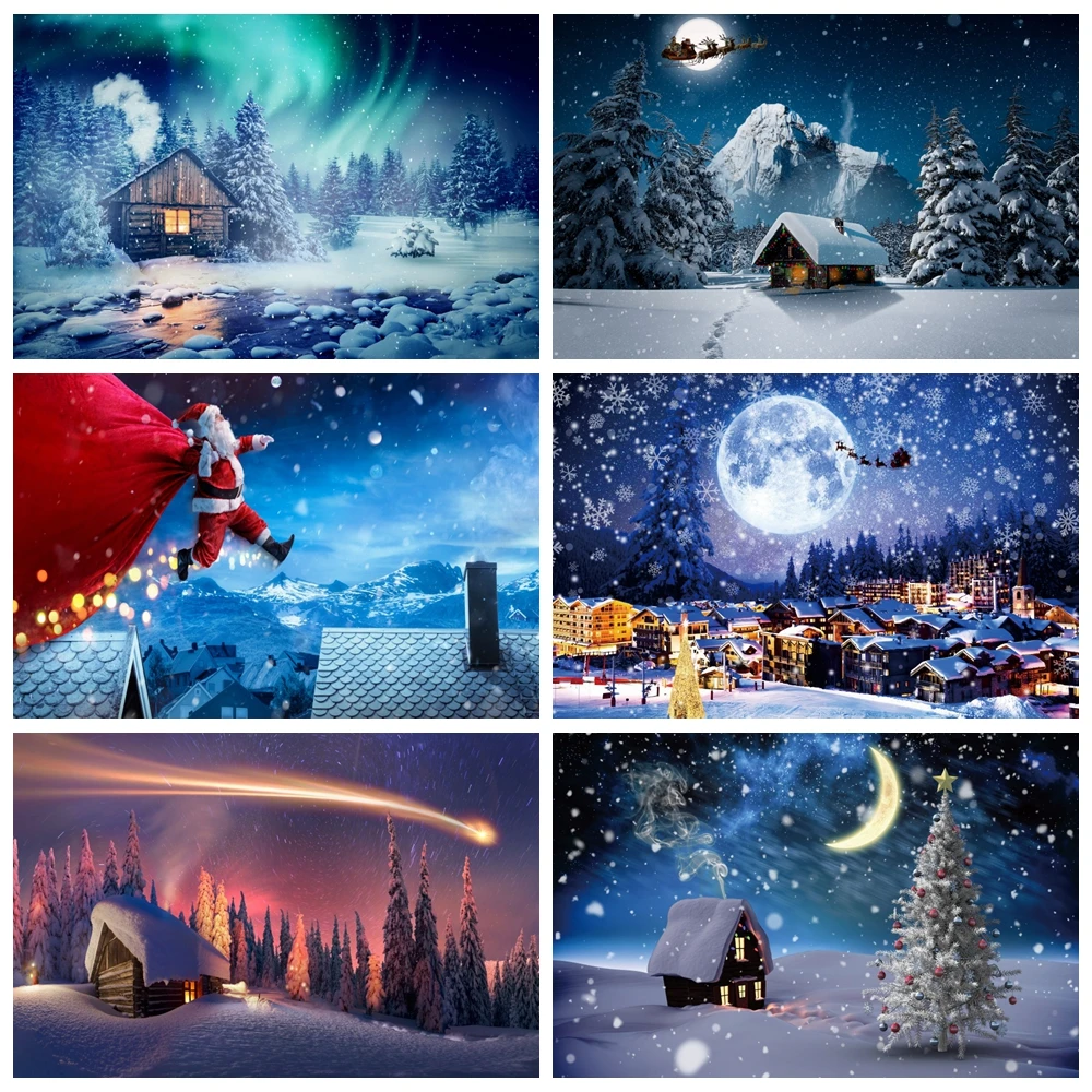 

Winter Night Aurora Christmas Backdrop Starry Sky Moon Night Snowman Country House Natural Landscape Xmas Photography Background