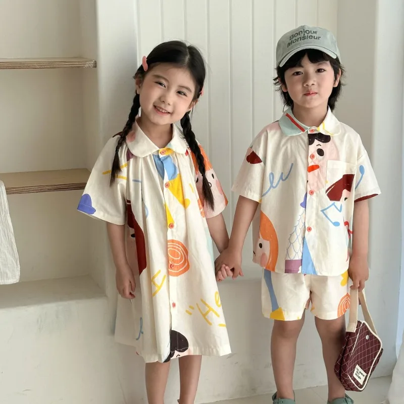 

Brother and Sister Outfit Children's Casual Shirt Set 2025 Summer New Item Baby Girl Short Sleeved Graffiti Cute Dress Cotton