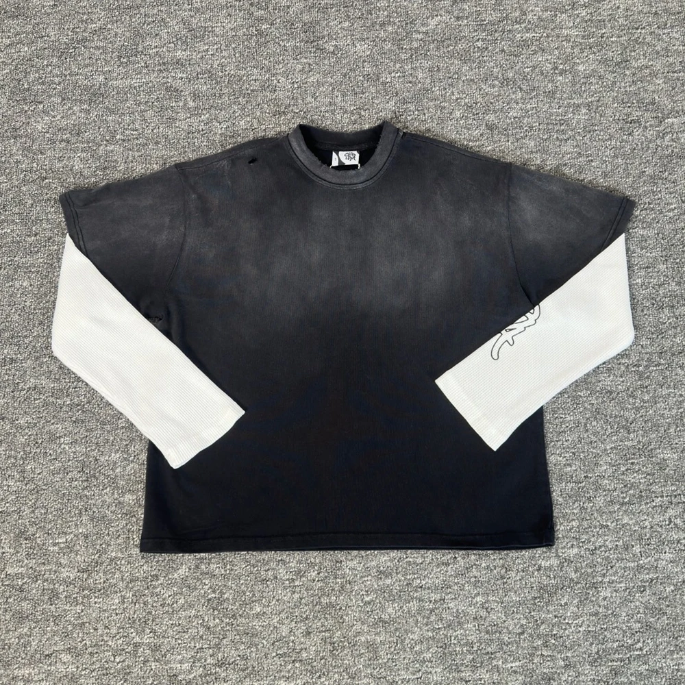 

Постиранная футболка Mertra в стиле пэчворк с длинными рукавами для мужчин и женщин, винтажные футболки из плотной ткани, футболка