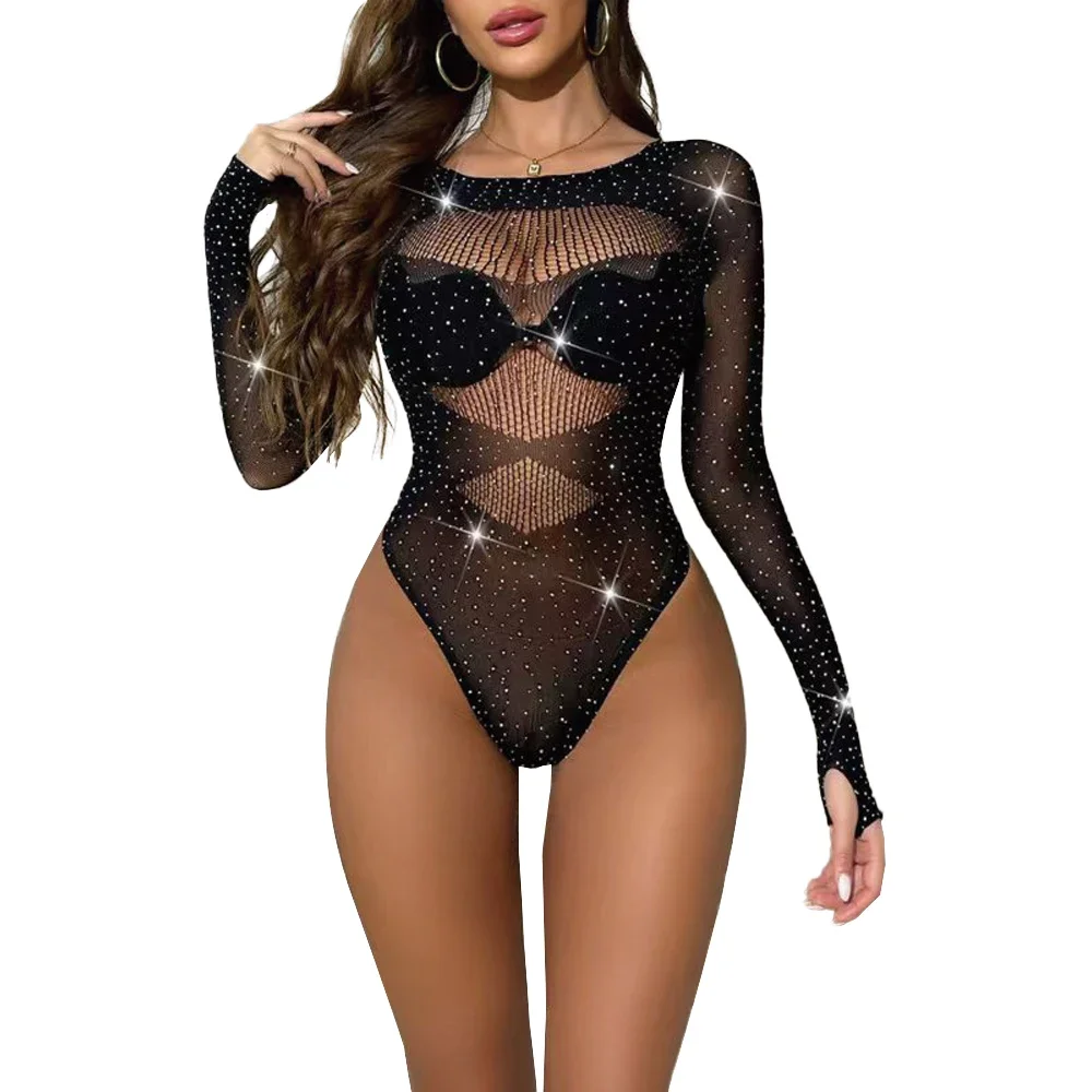 Sexy Long Sleeve Rhinestone Bodysuit Womens Jumpsuit Shiny Diamond Hollow Out Ballroom Exotic Dancewear Stripper Outfit Playsuit