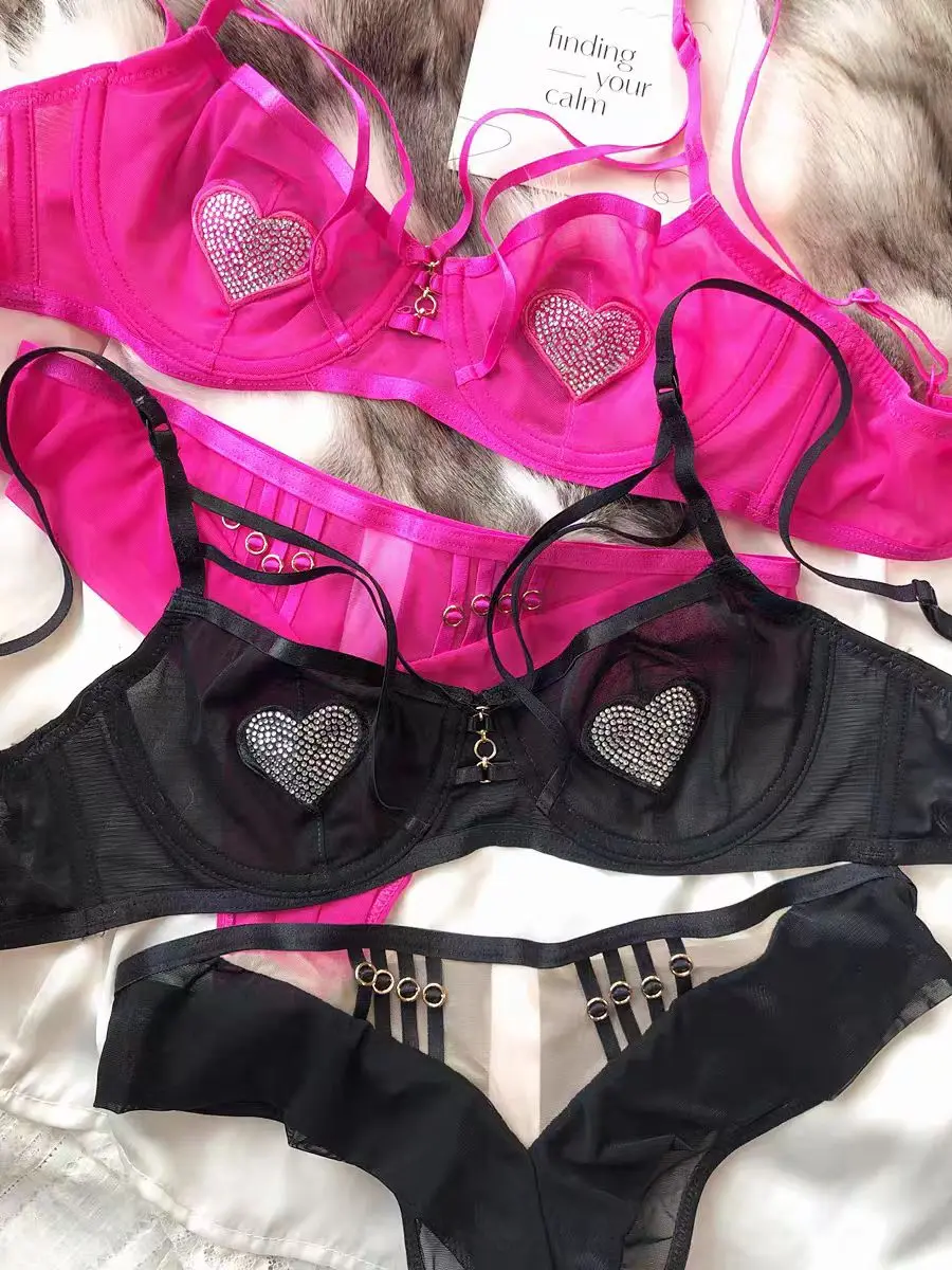 الفرنسية مثير الدانتيل بقماش شفاف نقية Derise الصدرية مجموعة على شكل قلب فلاش الماس رقيقة جدا كبيرة الصدر التخسيس الملابس الداخلية #6