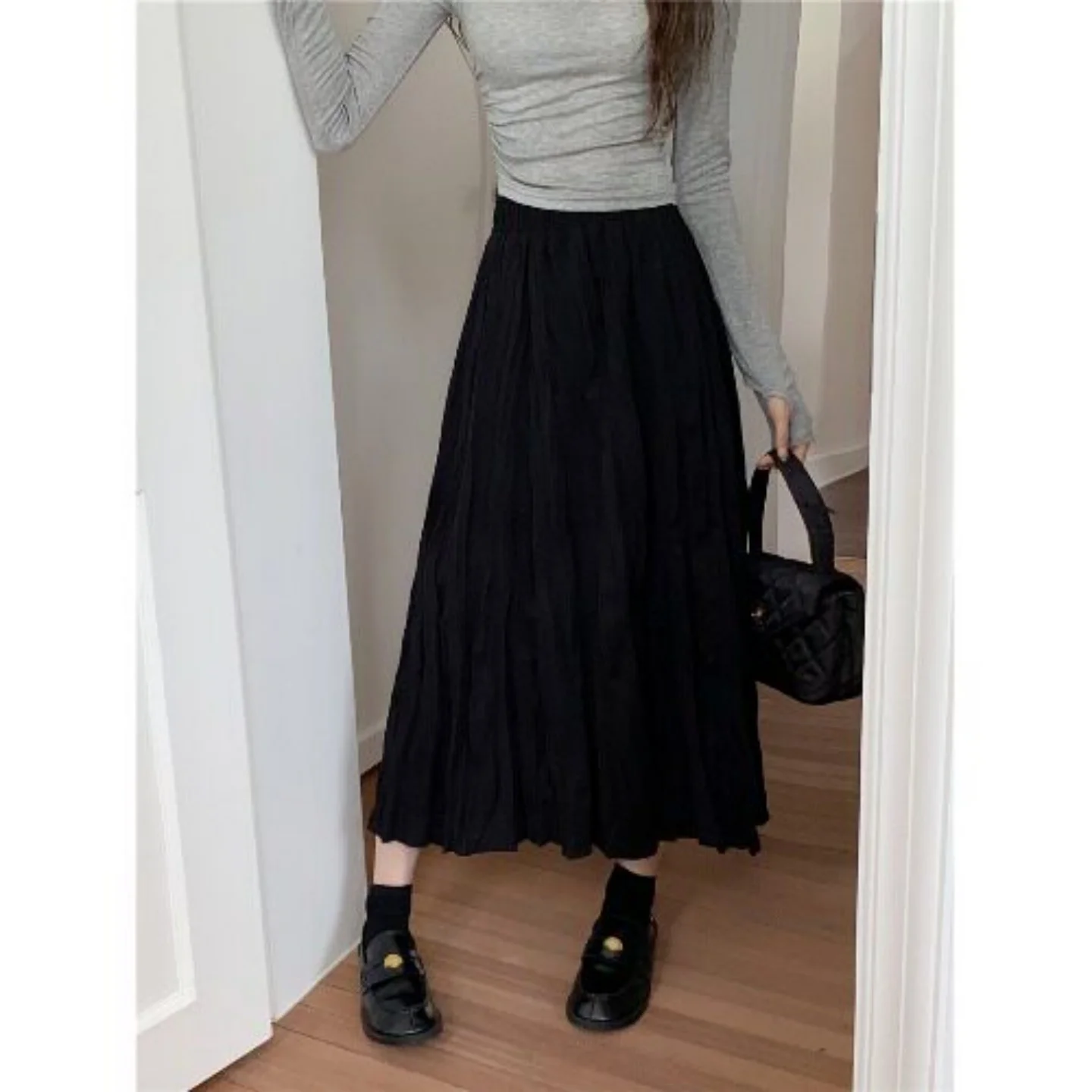 Textured Pleated Midi Skirt High Waist Slimming A-Line  Skirt Spring Summer New Style Women's Fashion Home Casual Wear