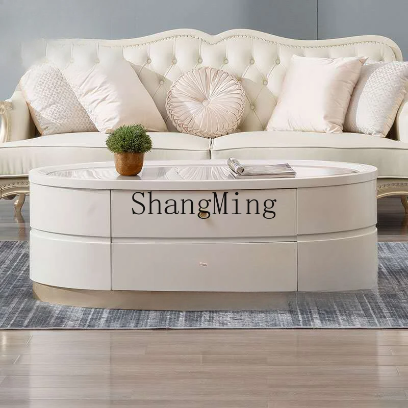 CL milky white living room furniture coffee table light luxury solid wood oval coffee table tempered glass