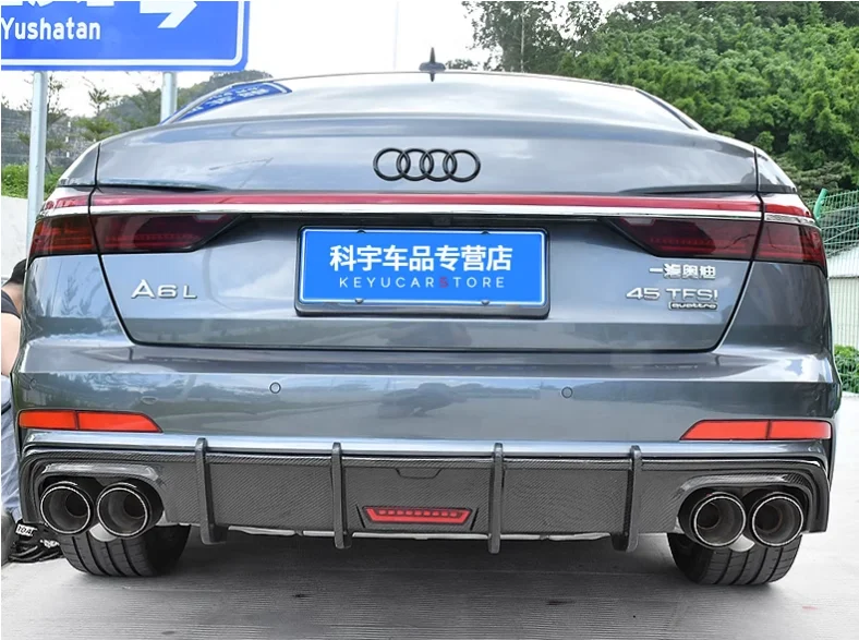 For Audi A6 C8 2019 2020 2021 2022 (With The Lamp) High Quality Carbon Fiber Rear Bumper Lip Diffuser Spoiler Exhaust Cover