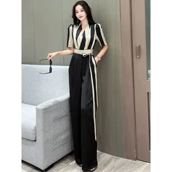 Striped Short Sleeved Jumpsuit For Women's Summer 2024 High-End Acetic Acid V-Neck Waist Cinching Slimm Jumpsuit Wide Leg Pants