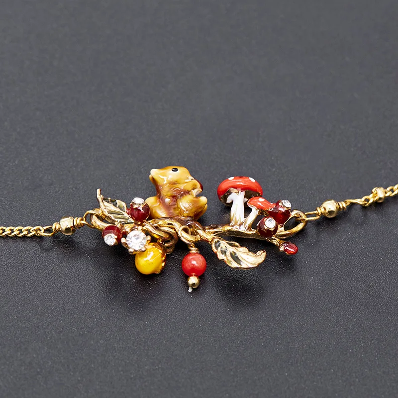 Fashion Cute Sweet Animal Enamel Glaze Cartoon Brown Squirrel Mushroom Pine Nut Charms Tassel Dangle Pendant Necklace for Women