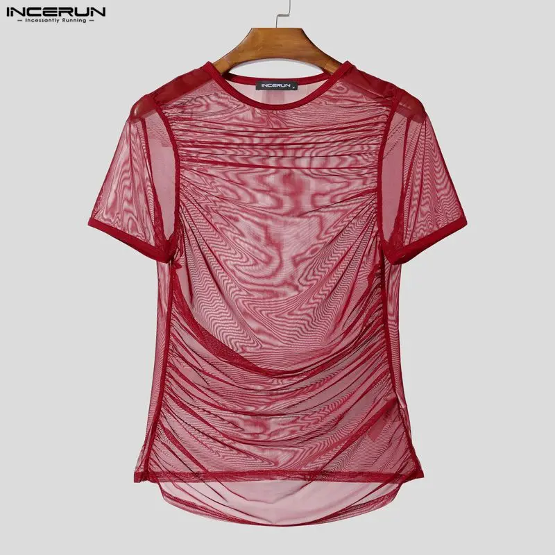 INCERUN Herren T-Shirt Mesh Kurzarm Durchsichtig Plissiert Sexy Männer-T-Shirt Tops Camisetas Streetwear 2026 Mode Party Herrenkleidung