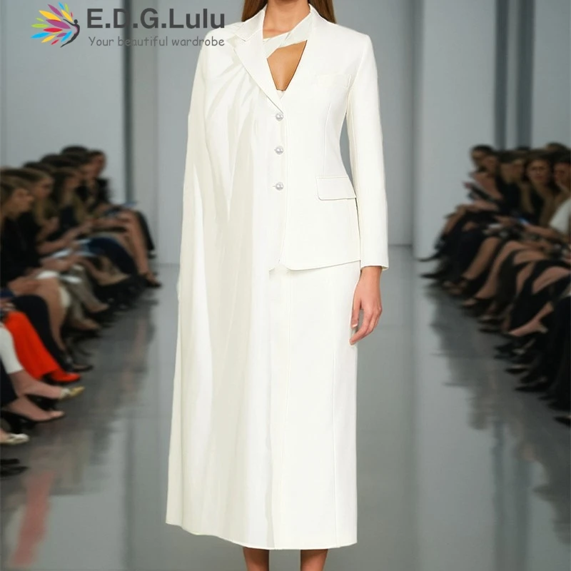 

EDGLuLu French Style Fashion Design Irregular V-Neck Ribbon Suit Coat+High Waisted Long Skirt Office Ladies White Suit 0417