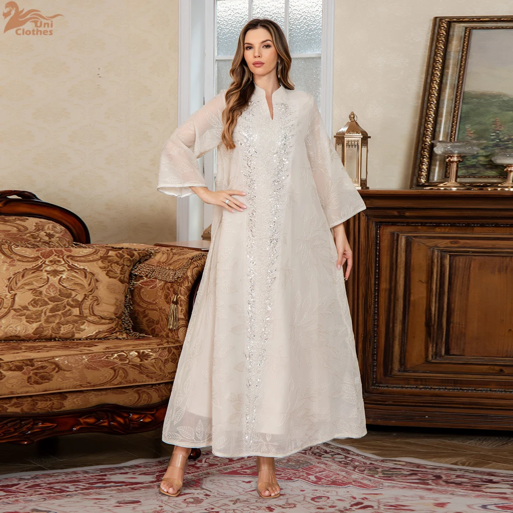 

Уни Рамадан Мусульманские женские длинные платья с вышивкой бисером и сетчатыми рукавами Дубай Kebaya Элегантные повседневные абайи