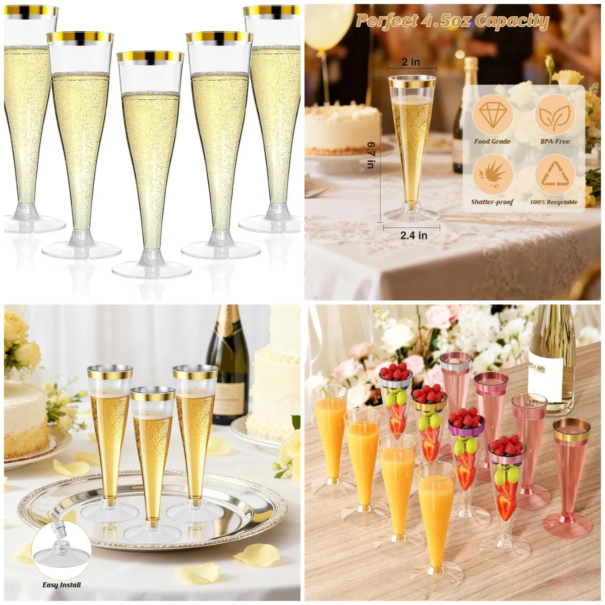 

40 Pack Gold Rim Champagne Flutes, 4.5 Oz Disposable Wine Glasses for Wedding, Birthday, Party & Toasting