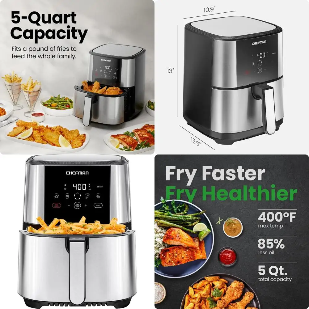 

Большая цифровая аэрофритюрница на 5 литров, семейный размер, предустановленные программы управления одним касанием, антипригарное покрытие, можно мыть в посудомоечной машине, автоматическое отключение, нержавеющая сталь