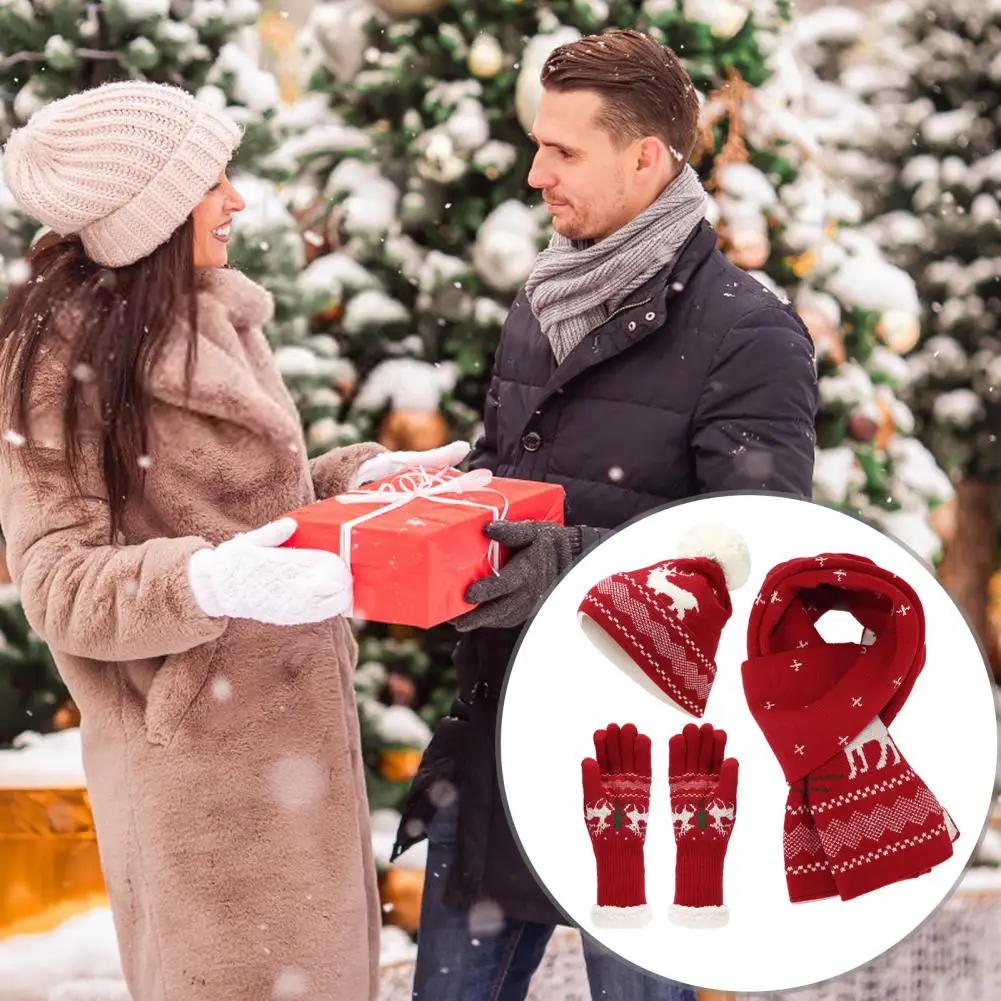 Ensemble unisexe de gants et écharpe de chapeau de Noël, motif d'arbre d'élan, bonnet, rond-cou, élastique, écran tactile pour temps froid, ensemble de 3 pièces