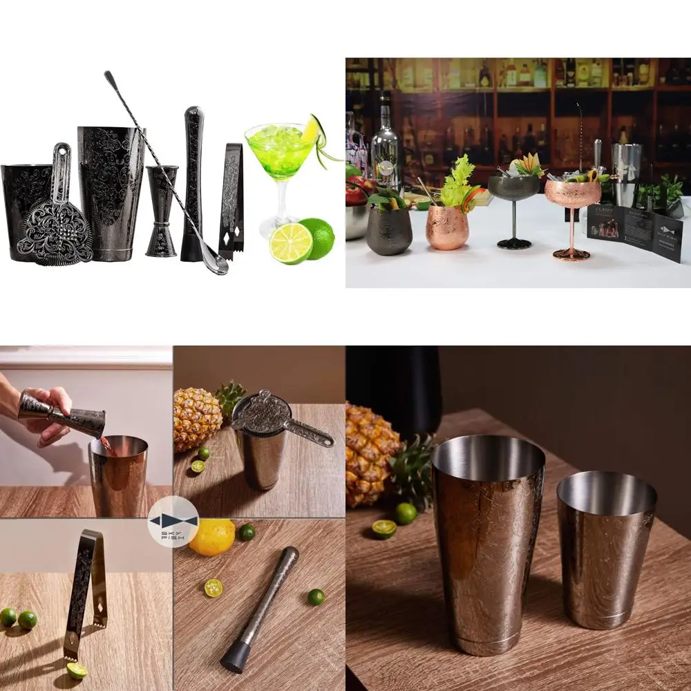 

Stainless Steel 7-Piece Cocktail Shaker Set with Black Plated Etched Bar Tools and Boston Shaker Tins