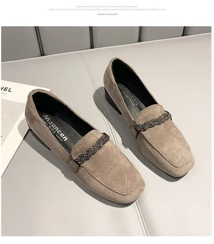 2022 Autumn Winter Women Loafers Low Heels Boat Shoes Square Toe Dress Shoes Chain Faux Suede Plush Warm Ladies Shoes Plus Size