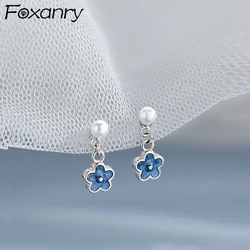 FOXANRY Prevent Allergy Pearl Stud Earrings for Women Couples New Trendy Elegant Drop Glaze Flower Wedding Bride Jewelry Gifts