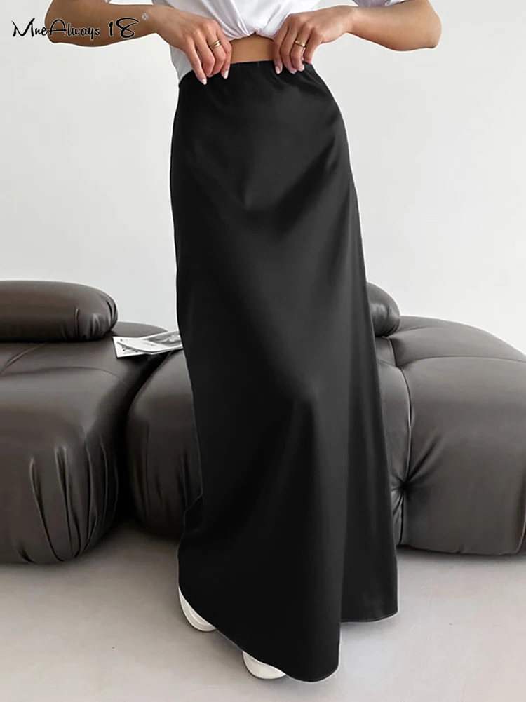 Mnealways18 Black Satin Floor-Length Skirts Women Summer 2024 High Waist Casual Long Skirts Office Ladies Flowing Midi Skirts