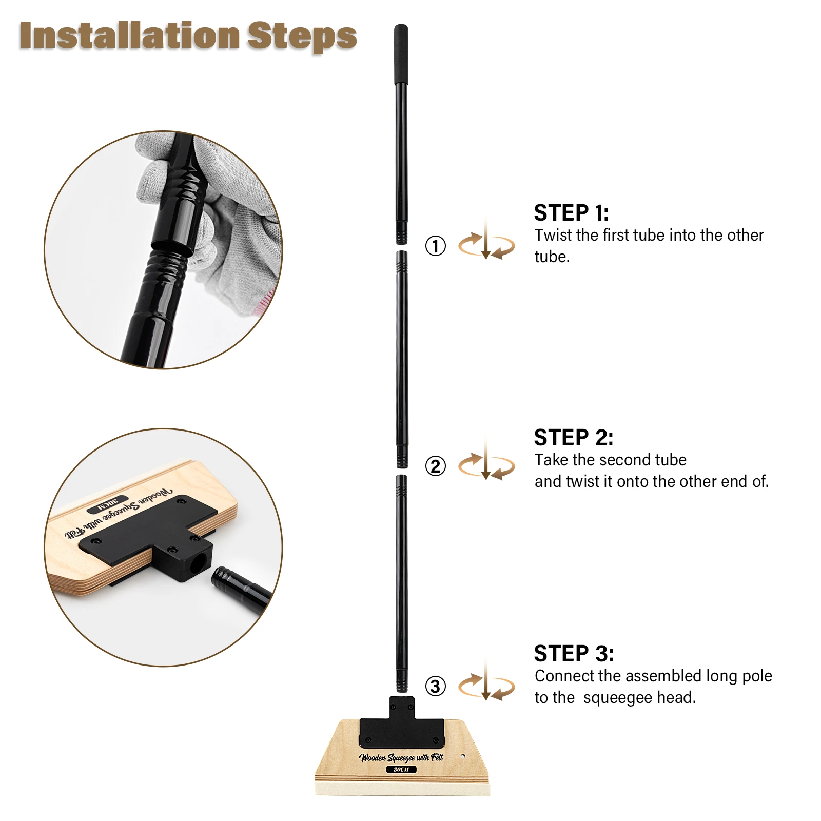 EHDIS 12-Inch Wide Wallpaper Smooting Wooden Squeegee With Extended Handle Office Glass Film Vinyl Wrapping Timber Scraper Tool