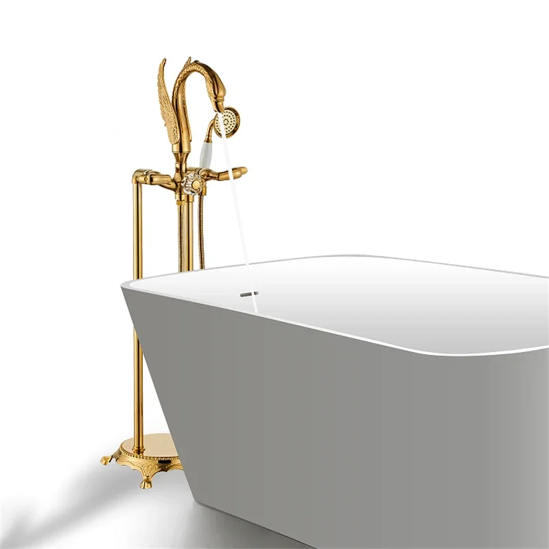 Gold Bathtub Faucet Floor Stand Swan Mixer 360 Degree Rotation Spout with Head Bath Shower