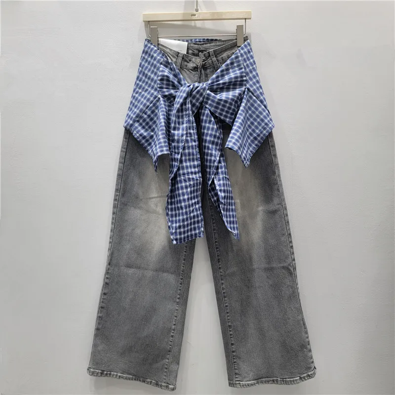 

SuperAen Two Pieces of Stacked Jeans for Women's 2025 Autumn New Retro High-waisted Loose Elastic Straight Trousers