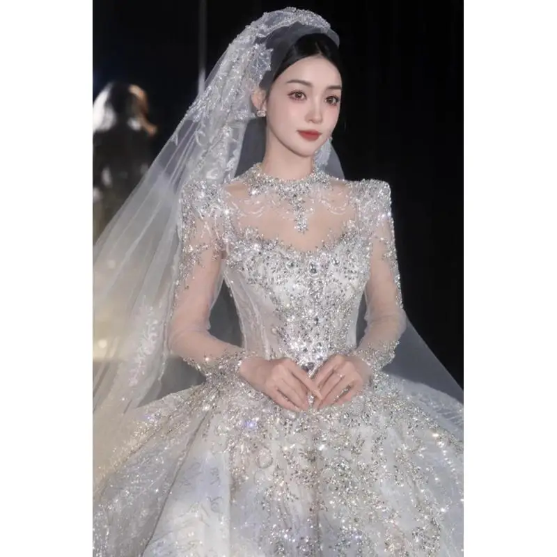 Y&m Luxury Beading Pearls Ball Gown Ivory Wedding Dress Long Sleeve Custom Square Collar Appliques Lace Bridal Vestido De Noiva